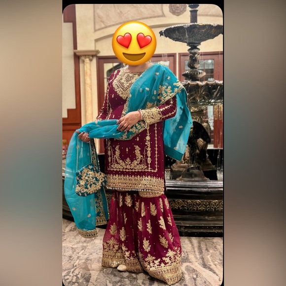 Salwar Kameez Other - EUC Worn once! Gharara Maroon with golden Embroidered and teal dupatta.